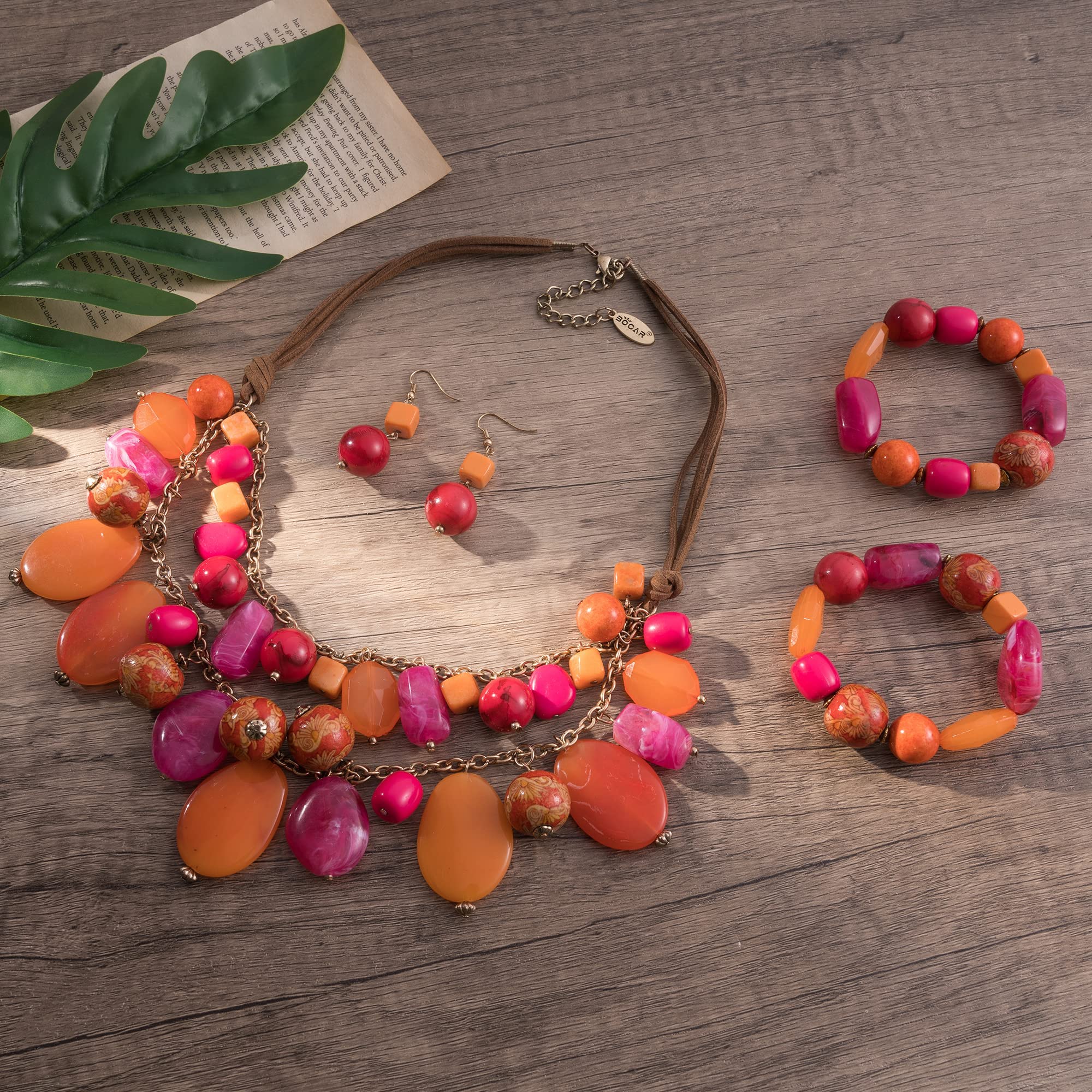 Bocar 2 Layer Statement Necklace Set Chunky Beaded Fashion Necklace with Earrings Bracelet for Women Gifts (NK-10619-set) - Image 3